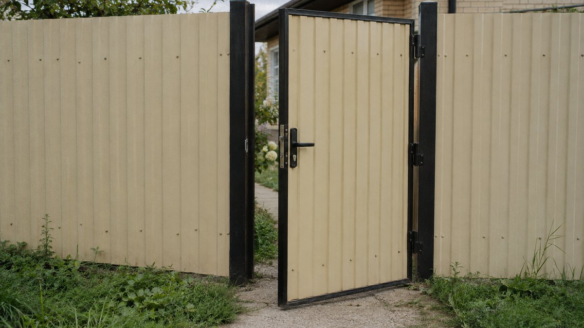 Открытая калитка из бежевого профнастила в заборе частного дома