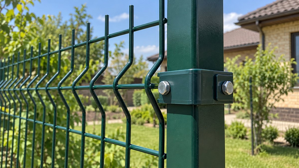 Крепление 3D-панели к квадратному столбу хомутом на двух болтах