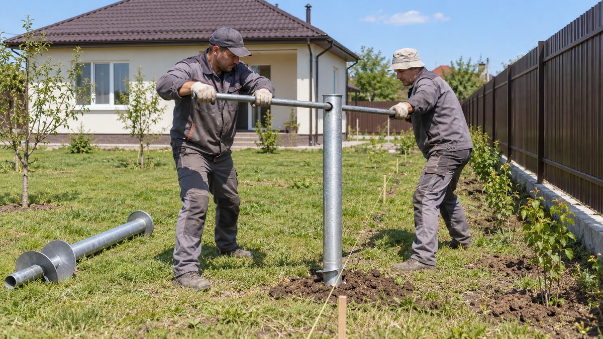 Двое рабочих в серой спецодежде и перчатках вкручивают оцинкованную винтовую сваю в землю вдоль размеченной шнуркой линии забора, вращая её длинным стальным рычагом